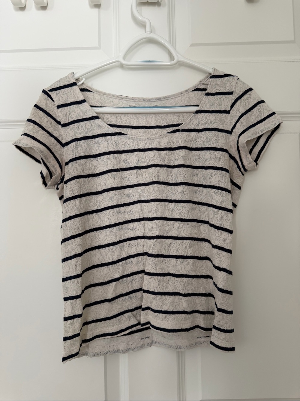 Lace-Textured Black Stripe Scoop Neck Women’s Top